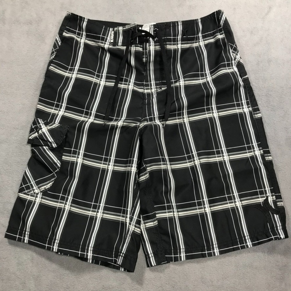 Hurley Board Shorts Mens 30 Black White Plaid Swim Surf Trunks MB04PUEP